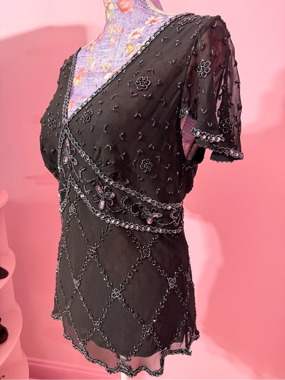 Adrianna Papell Boutique Black Chiffon Beaded Sequin V-Neck Fairy Top - Size XL - Picture 4 of 8